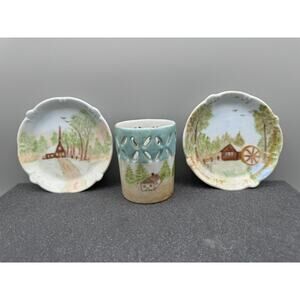 Country Cottage Trinket Dish Pencil Cup 3 Pc Desk Set Hand painted Signed 1970s